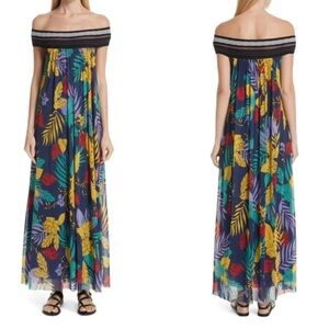 FUZZI Floral Tulle Off the Shoulder Maxi Dress Tropical Long Blue Yellow L